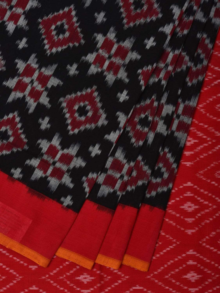 Black and Red Pochampally Ikat Cotton Handloom Saree with Telia Design i0611