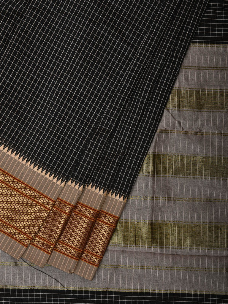 Black Bamboo Cotton Saree with Checks Design bc0087