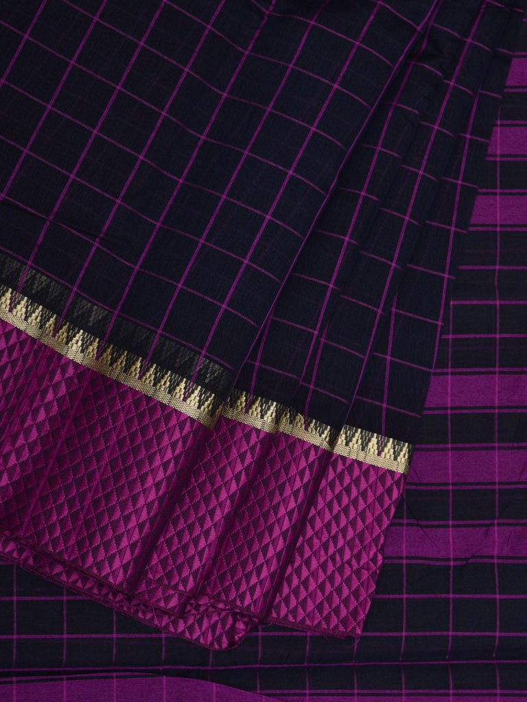 Black Bamboo Cotton Saree with Checks Design No Blouse o0365