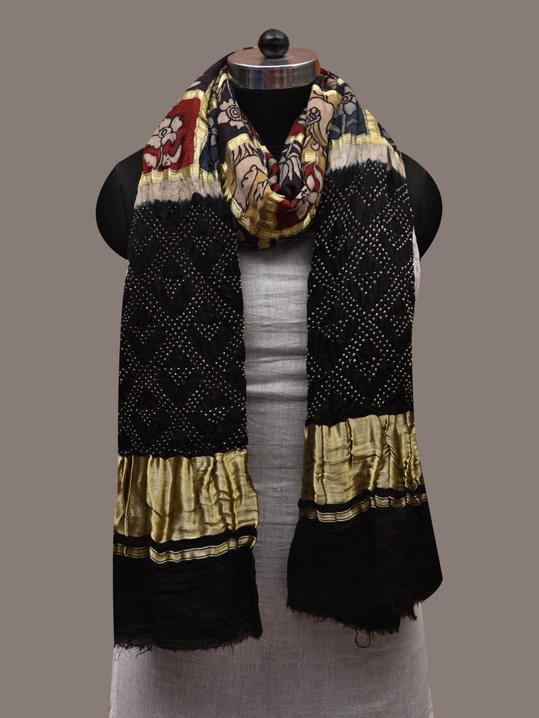 Black Bandhani Kalamkari Kanchipuram Silk Handloom Dupatta with Big Checks Design ds2732