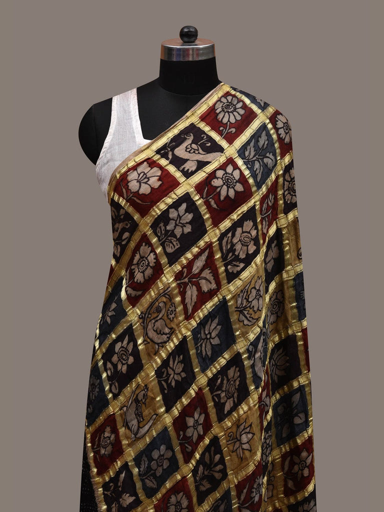 Black Bandhani Kalamkari Kanchipuram Silk Handloom Dupatta with Big Checks Design ds2732