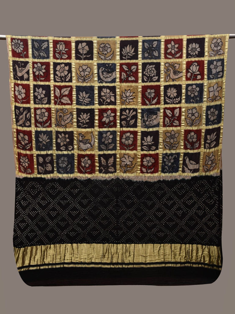 Black Bandhani Kalamkari Kanchipuram Silk Handloom Dupatta with Big Checks Design ds2732