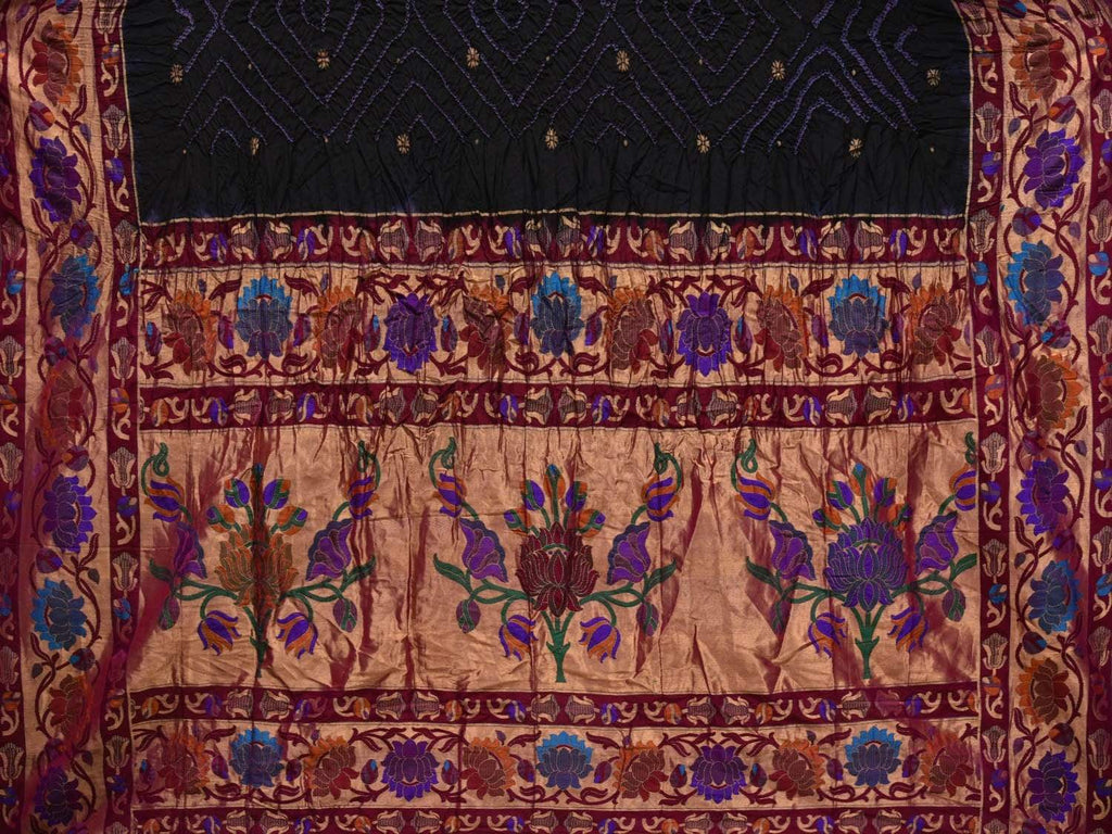 Black Bandhani Paithani Silk Handloom Saree with Lotus Border Design bn0311