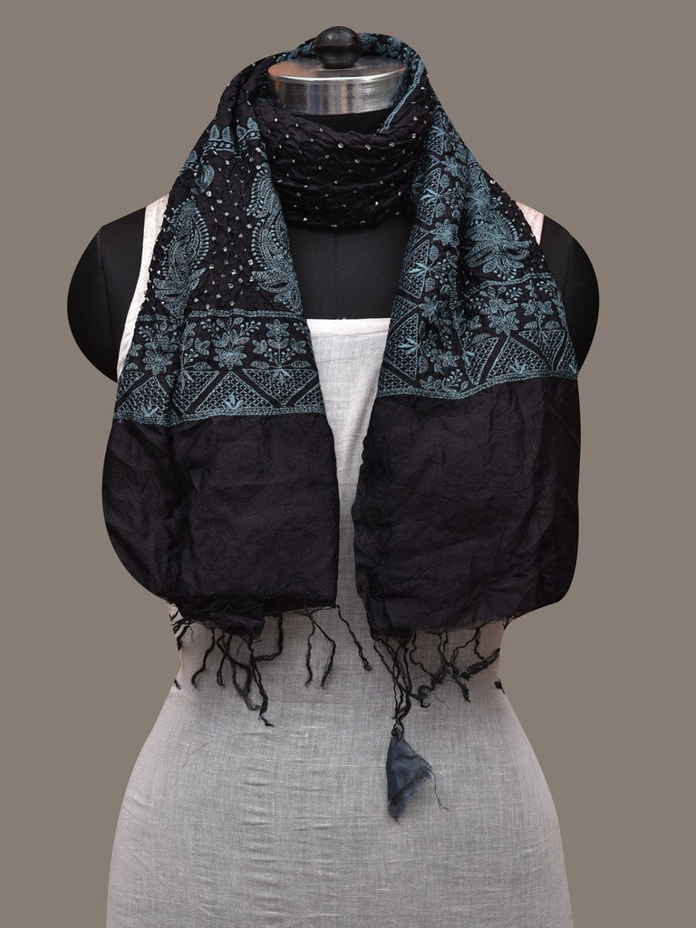Black Bandhani Silk Stole with Embroidary Work Design ds2852
