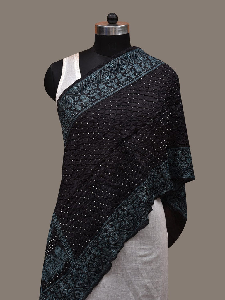 Black Bandhani Silk Stole with Embroidary Work Design ds2852