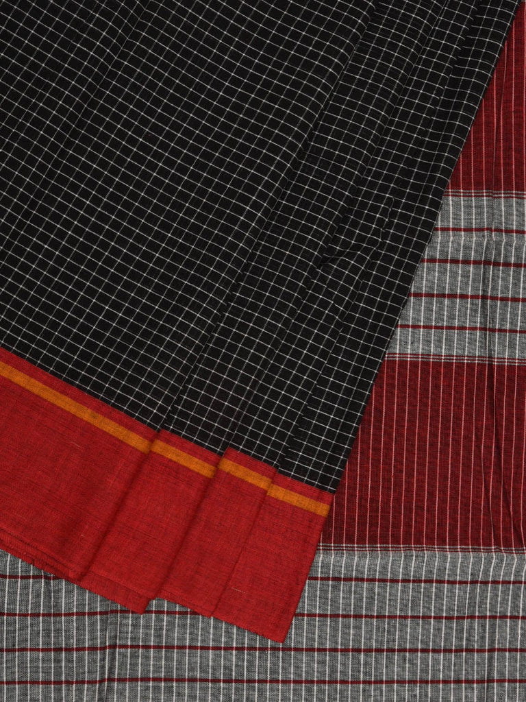 Black ilkal Cotton Handloom Saree with Checks and Ganga-Jamuna Border Design No Blouse o0332