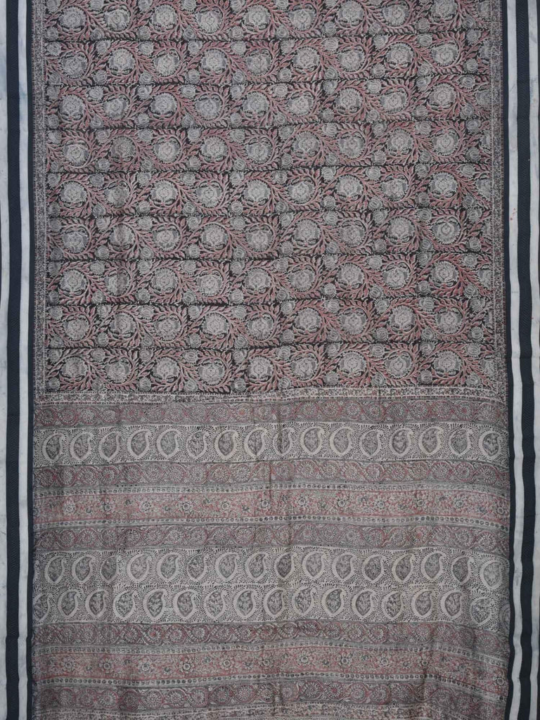 Black Kalamkari Block Print Cotton Silk Saree with Mango Pallu kl0060