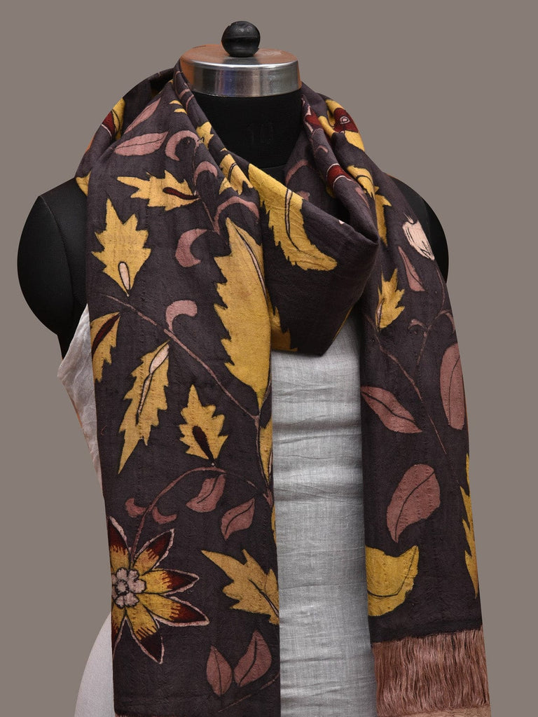 Black Kalamkari Hand Painted Cotton Handloom Dupatta with Floral Design ds2702