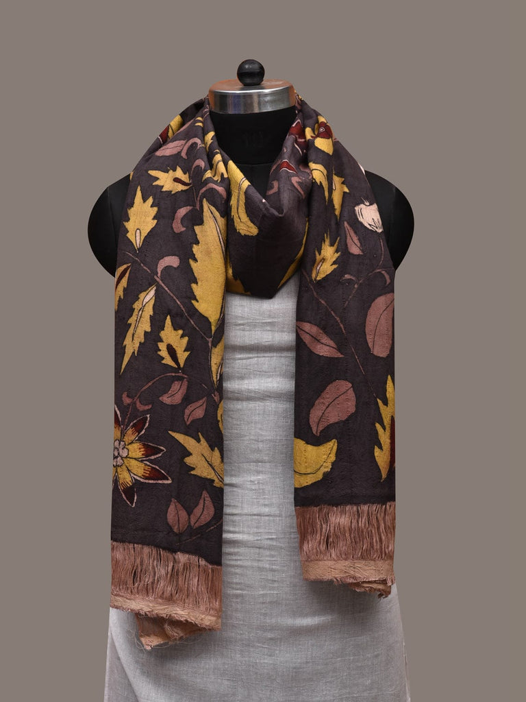 Black Kalamkari Hand Painted Cotton Handloom Dupatta with Floral Design ds2702