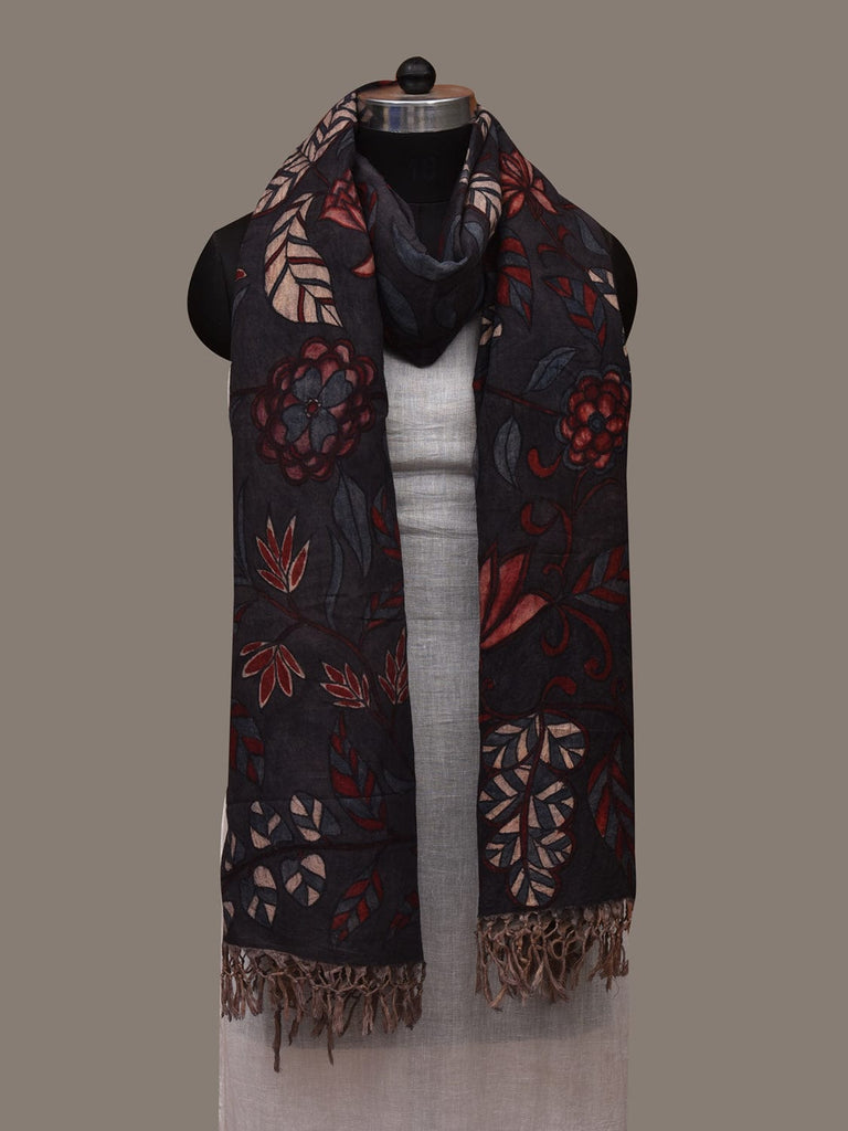 Black Kalamkari Hand Painted Cotton Handloom Dupatta with Floral Design ds2969