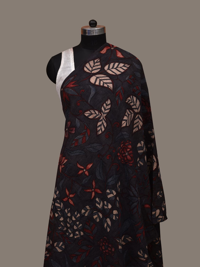 Black Kalamkari Hand Painted Cotton Handloom Dupatta with Floral Design ds2969