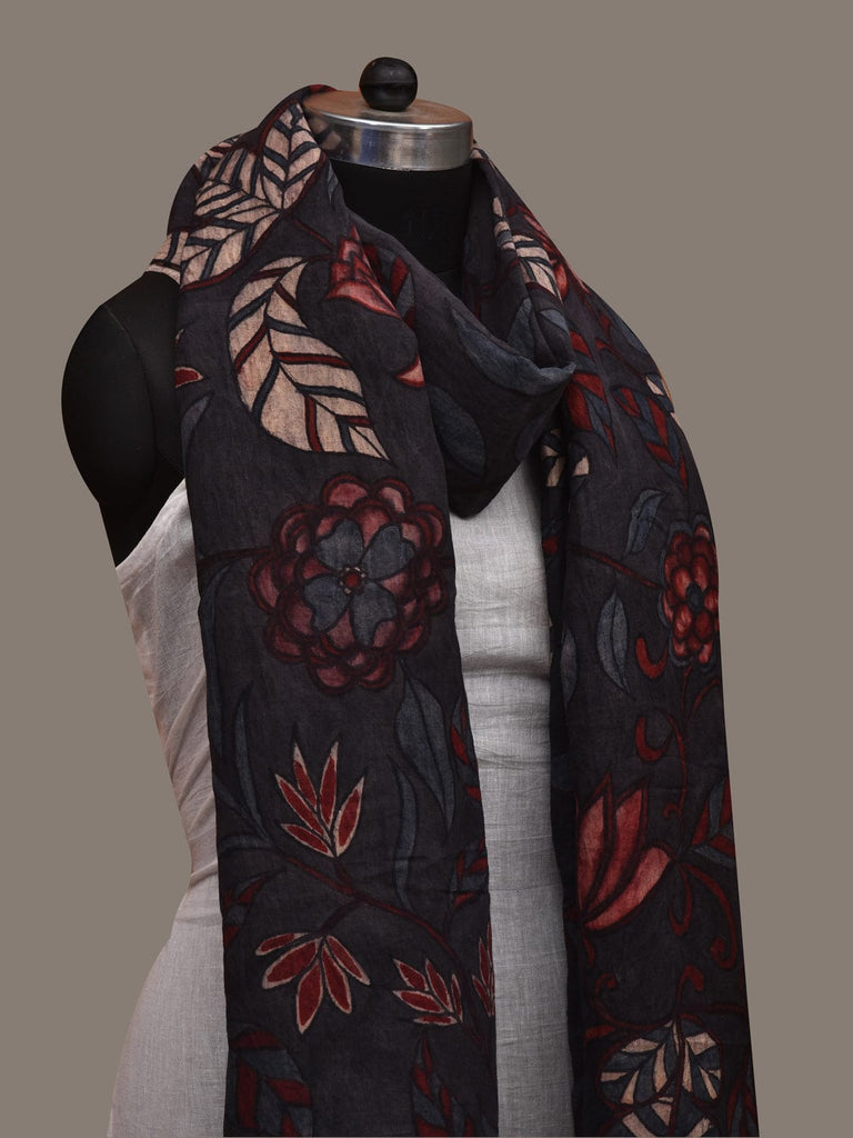 Black Kalamkari Hand Painted Cotton Handloom Dupatta with Floral Design ds2969