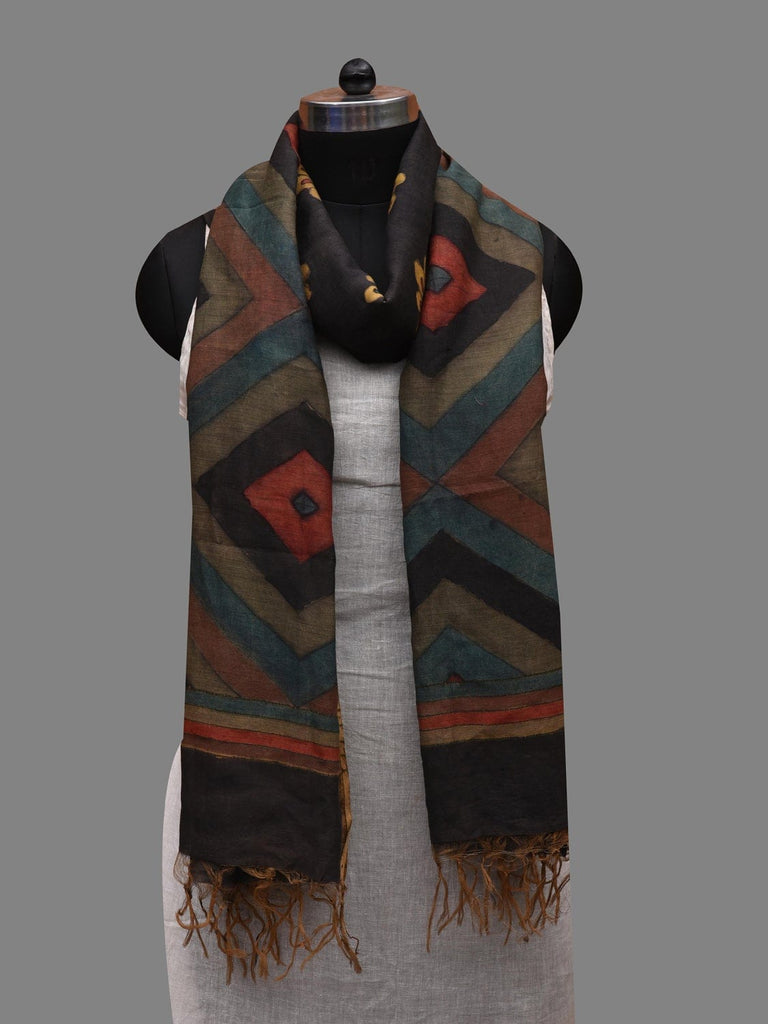 Black Kalamkari Hand Painted Cotton Silk Handloom Dupatta with Floral and Geometric Design ds2626