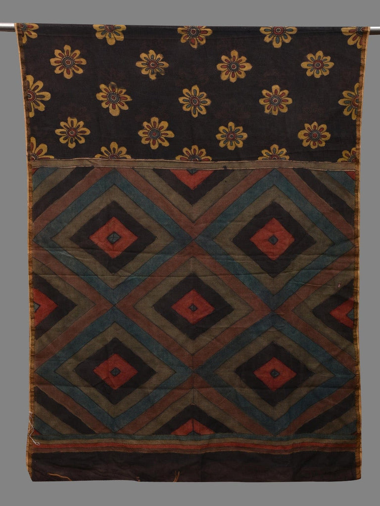 Black Kalamkari Hand Painted Cotton Silk Handloom Dupatta with Floral and Geometric Design ds2626