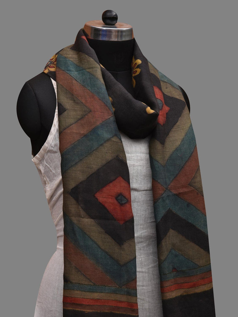 Black Kalamkari Hand Painted Cotton Silk Handloom Dupatta with Floral and Geometric Design ds2626