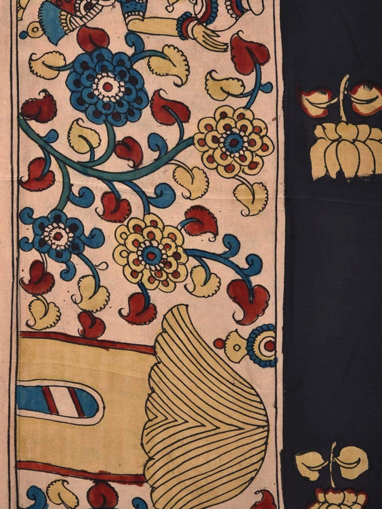 Black Kalamkari Hand Painted Crepe Saree with Lotus Flower Buta Design KL0246