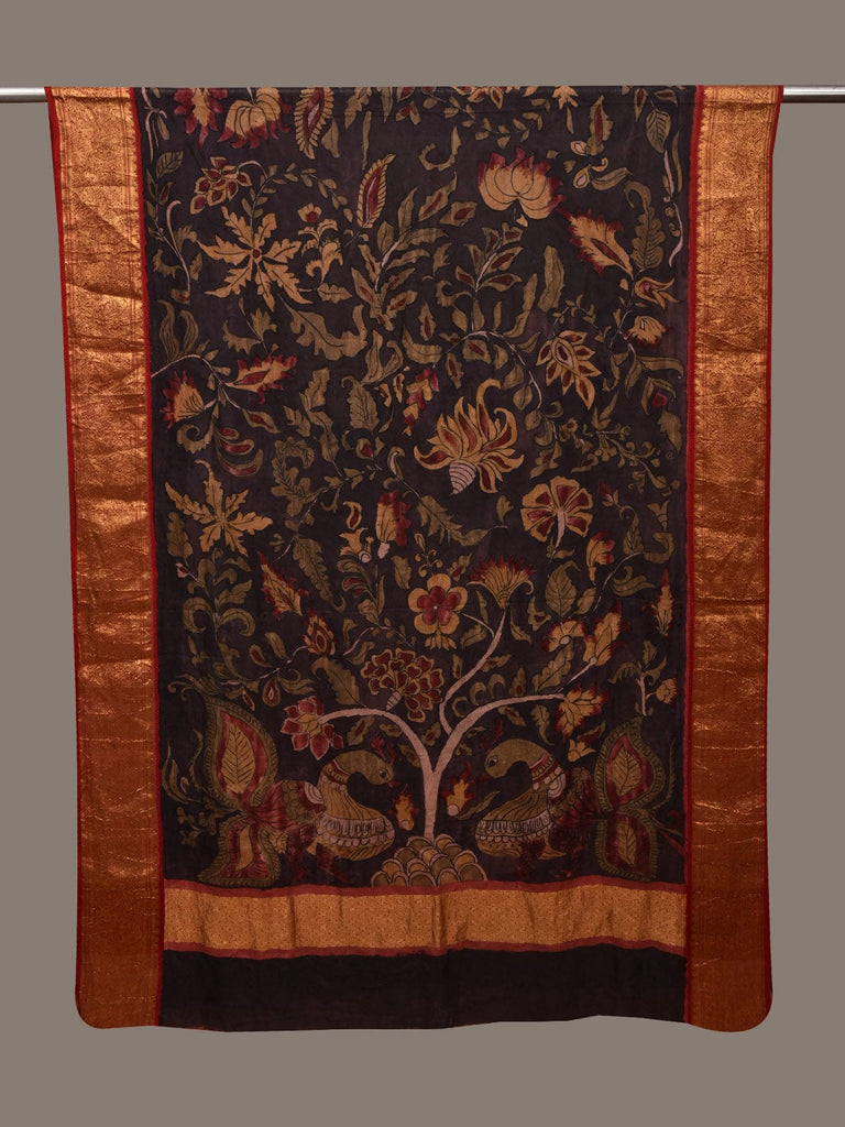 Black Kalamkari Hand Painted Kanchipuram Silk Handloom Dupatta with Floral and Peacocks Design ds3007