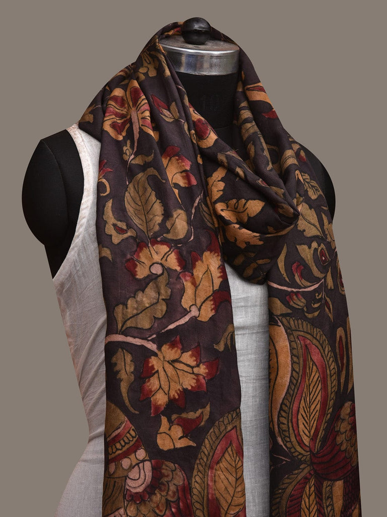 Black Kalamkari Hand Painted Kanchipuram Silk Handloom Dupatta with Floral and Peacocks Design ds3007