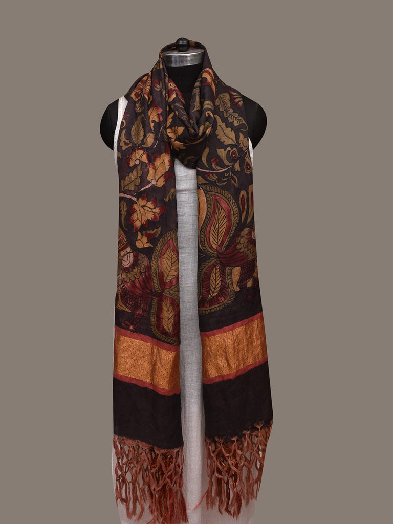 Black Kalamkari Hand Painted Kanchipuram Silk Handloom Dupatta with Floral and Peacocks Design ds3007