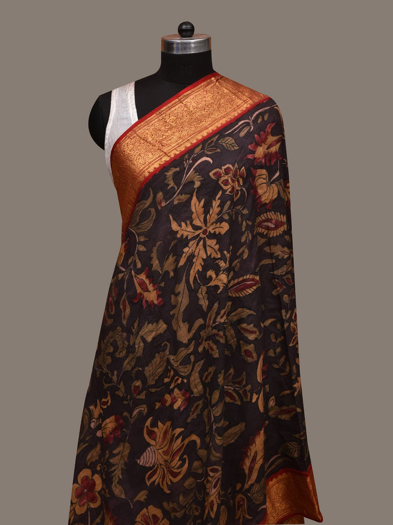 Black Kalamkari Hand Painted Kanchipuram Silk Handloom Dupatta with Floral and Peacocks Design ds3007
