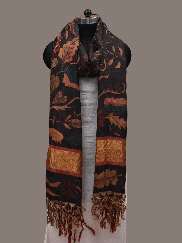 Black Kalamkari Hand Painted Kanchipuram Silk Handloom Dupatta with Floral Design ds2816