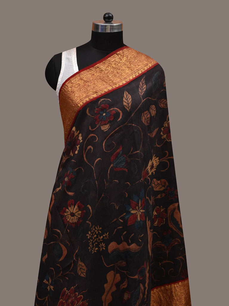 Black Kalamkari Hand Painted Kanchipuram Silk Handloom Dupatta with Floral Design ds2816