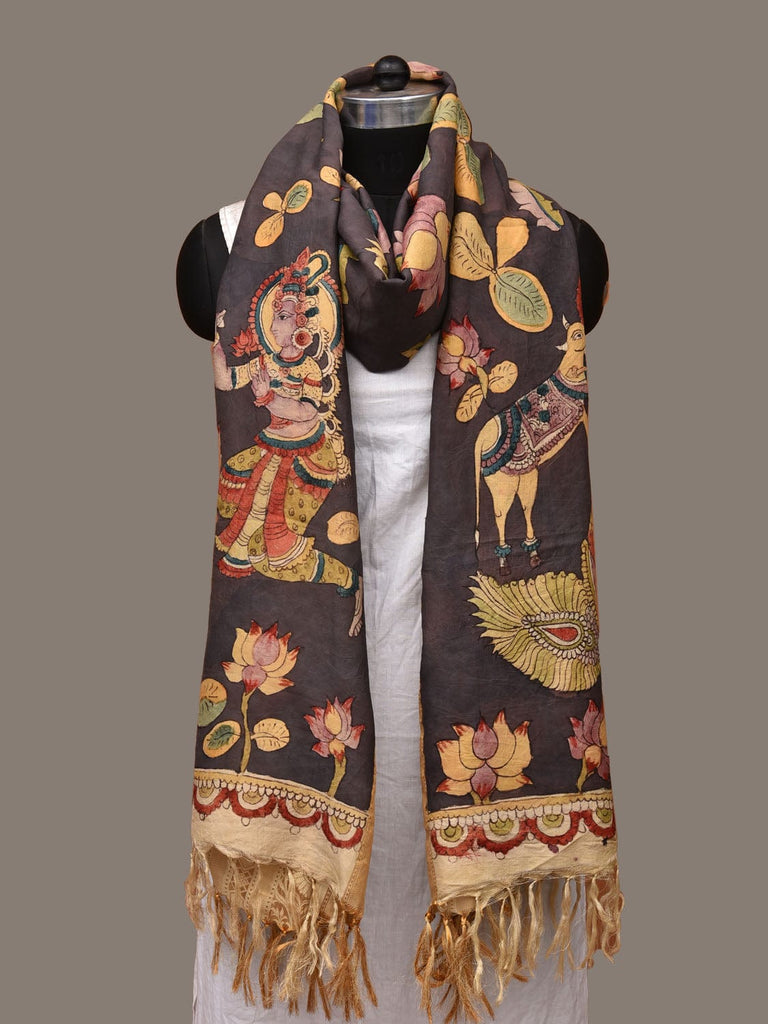 Black Kalamkari Hand Painted Kanchipuram Silk Handloom Dupatta with Lotus and Krishna Design sd3134