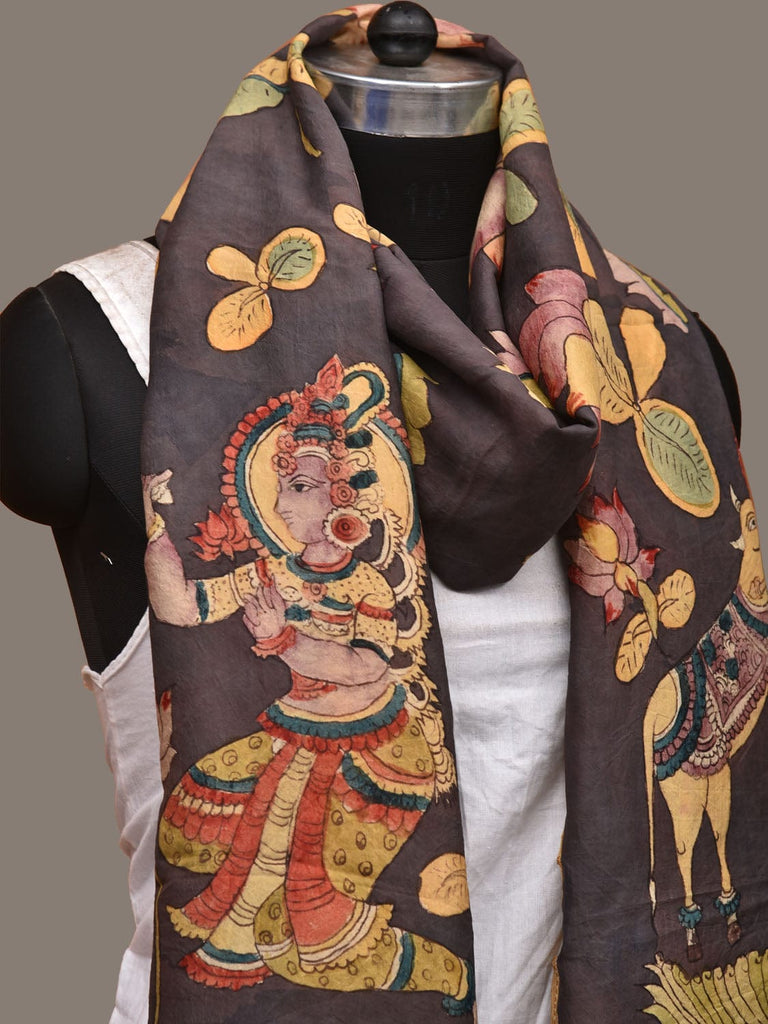 Black Kalamkari Hand Painted Kanchipuram Silk Handloom Dupatta with Lotus and Krishna Design sd3134