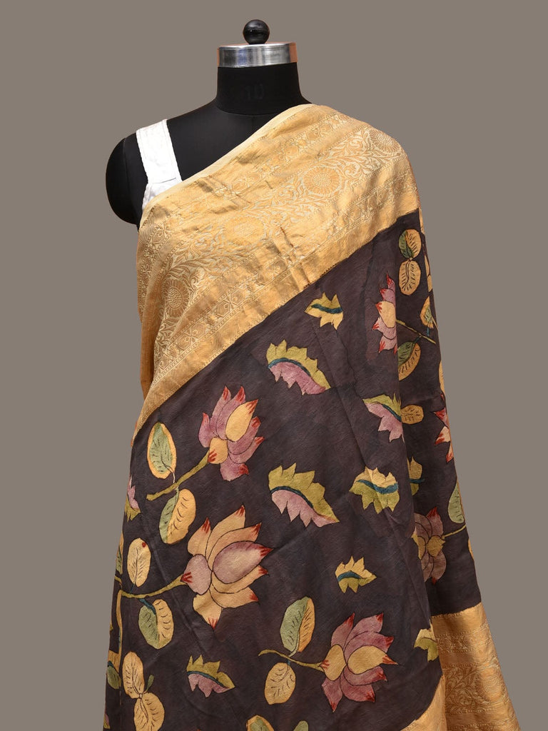 Black Kalamkari Hand Painted Kanchipuram Silk Handloom Dupatta with Lotus and Krishna Design sd3134