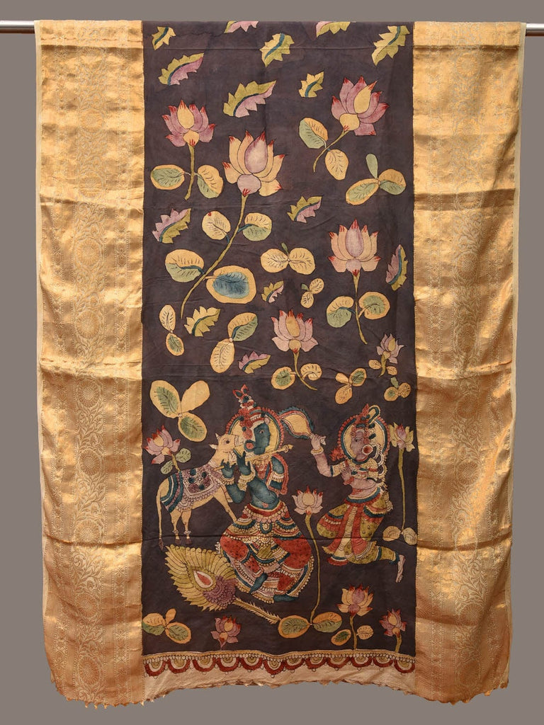 Black Kalamkari Hand Painted Kanchipuram Silk Handloom Dupatta with Lotus and Krishna Design sd3134