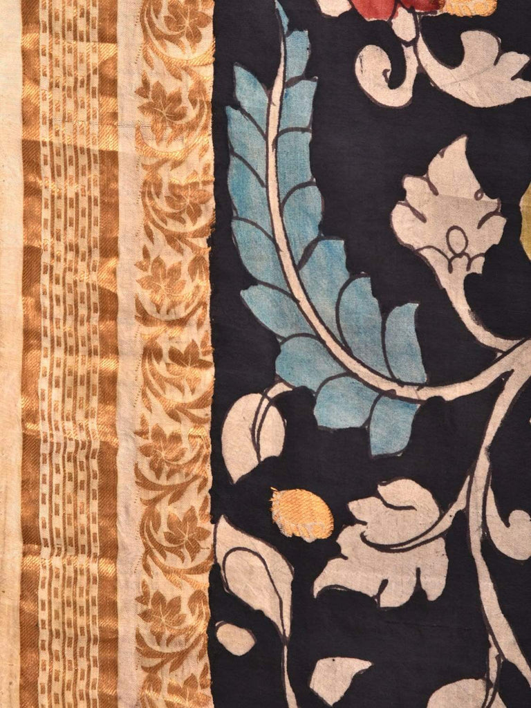 Black Kalamkari Hand Painted Kanchipuram Silk Handloom Saree with Flowers and Peacocks Pallu Design KL0260