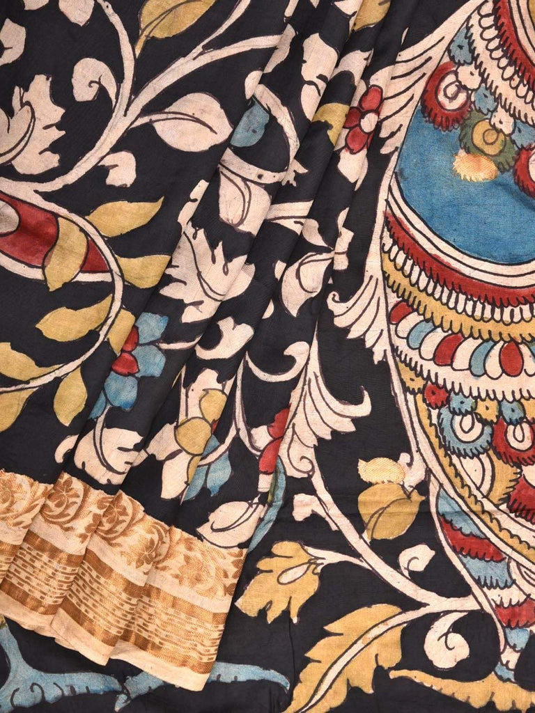 Black Kalamkari Hand Painted Kanchipuram Silk Handloom Saree with Flowers and Peacocks Pallu Design KL0260