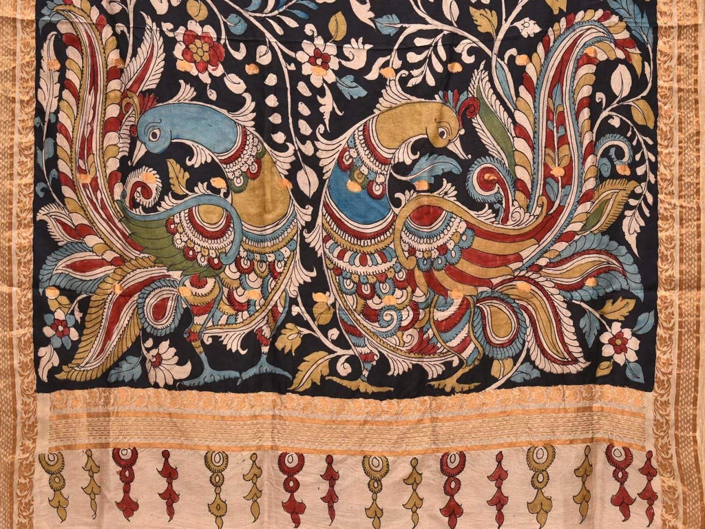 Black Kalamkari Hand Painted Kanchipuram Silk Handloom Saree with Flowers and Peacocks Pallu Design KL0260