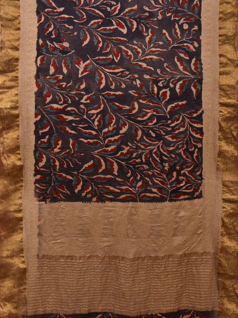 Black Kalamkari Hand Painted Satin Silk Saree with Floral and Embroidary Design KL0676