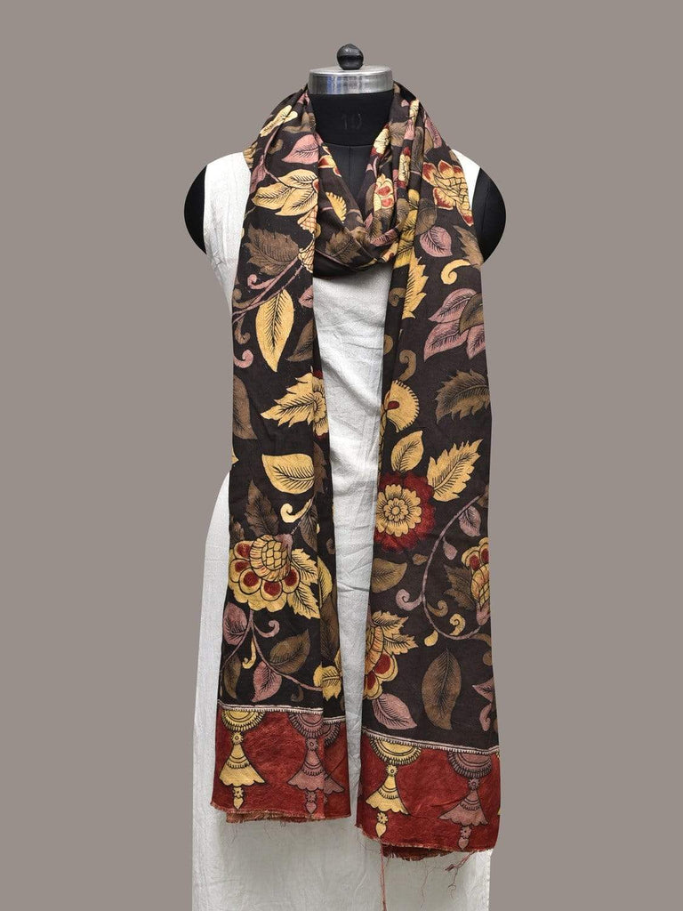 Black Kalamkari Hand Painted Silk Handloom Dupatta with Floral Design ds2362