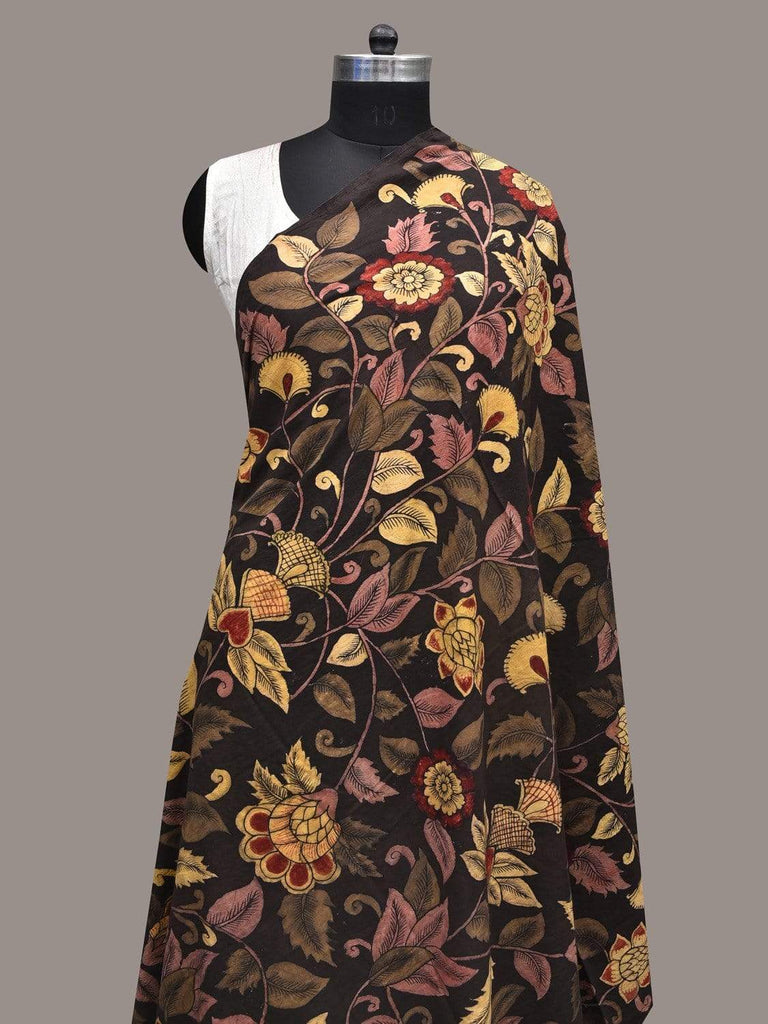 Black Kalamkari Hand Painted Silk Handloom Dupatta with Floral Design ds2362