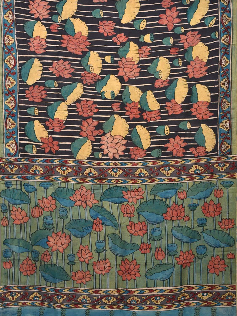 Black Kalamkari Hand Painted Silk Handloom Saree with Lotus Flowers Design KL0247