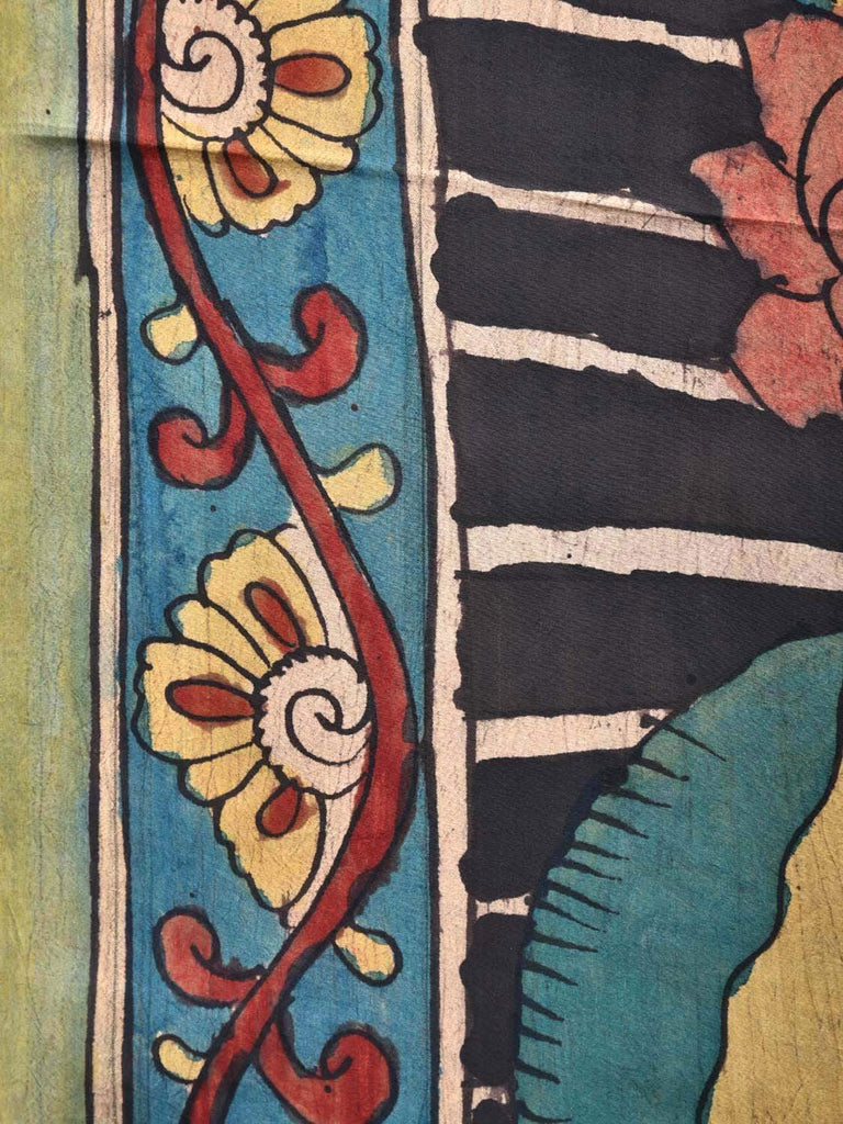 Black Kalamkari Hand Painted Silk Handloom Saree with Lotus Flowers Design KL0247