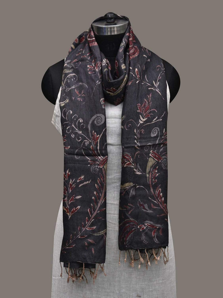 Black Kalamkari Hand Painted Tussar Handloom Dupatta with Floral Design ds2523