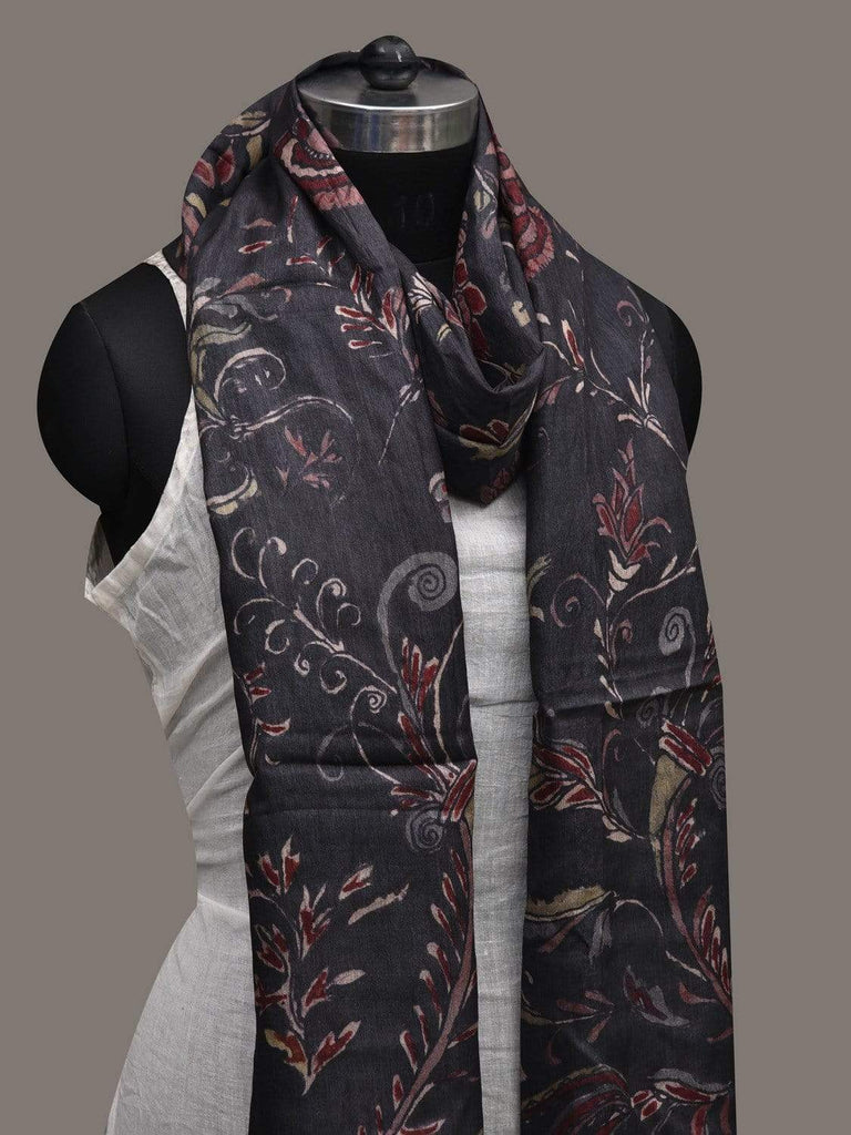 Black Kalamkari Hand Painted Tussar Handloom Dupatta with Floral Design ds2523