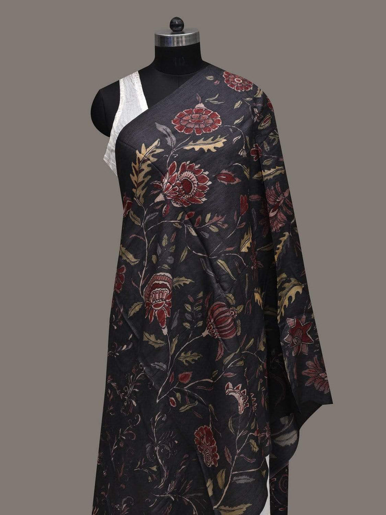 Black Kalamkari Hand Painted Tussar Handloom Dupatta with Floral Design ds2523