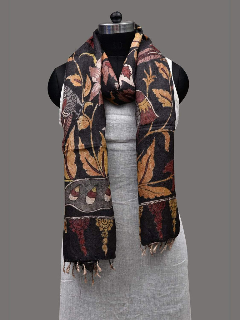 Black Kalamkari Hand Painted Tussar Handloom Dupatta with Lotus and Birds Design ds2409