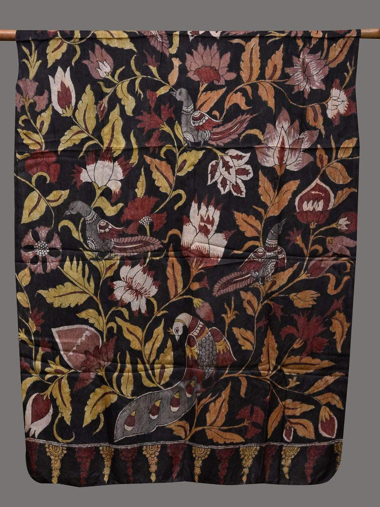 Black Kalamkari Hand Painted Tussar Handloom Dupatta with Lotus and Birds Design ds2409