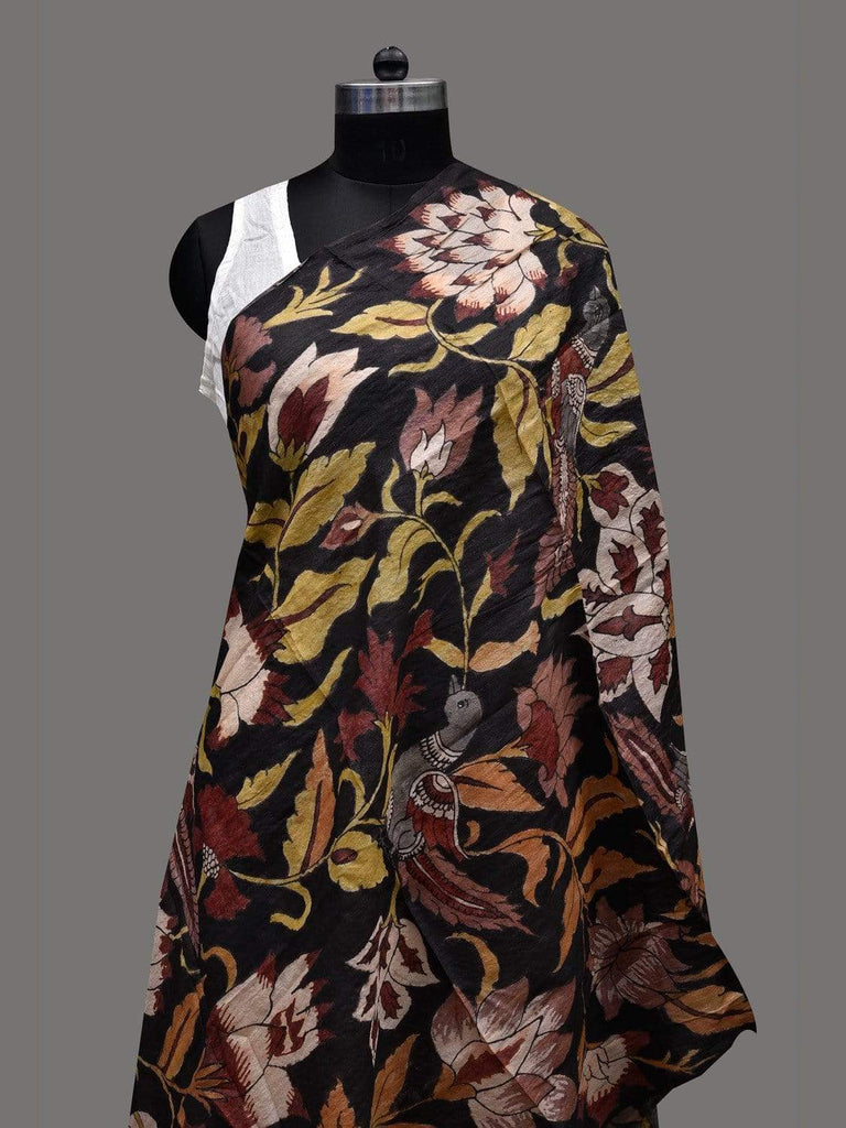 Black Kalamkari Hand Painted Tussar Handloom Dupatta with Lotus and Birds Design ds2409