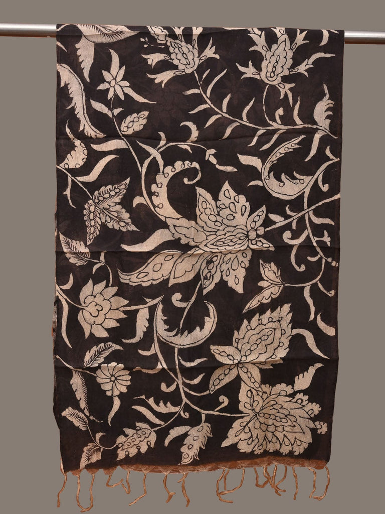 Black Kalamkari Hand Painted Tussar Handloom Stole with Floral Design ds3097