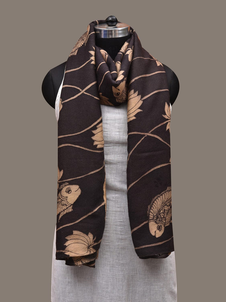 Black Kalamkari Hand Painted Woolen Handloom Stole with Lotus and Fish Design ds2780