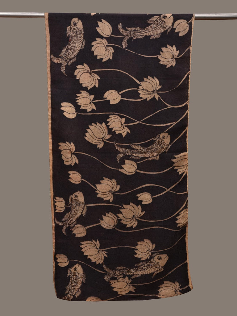 Black Kalamkari Hand Painted Woolen Handloom Stole with Lotus and Fish Design ds2780