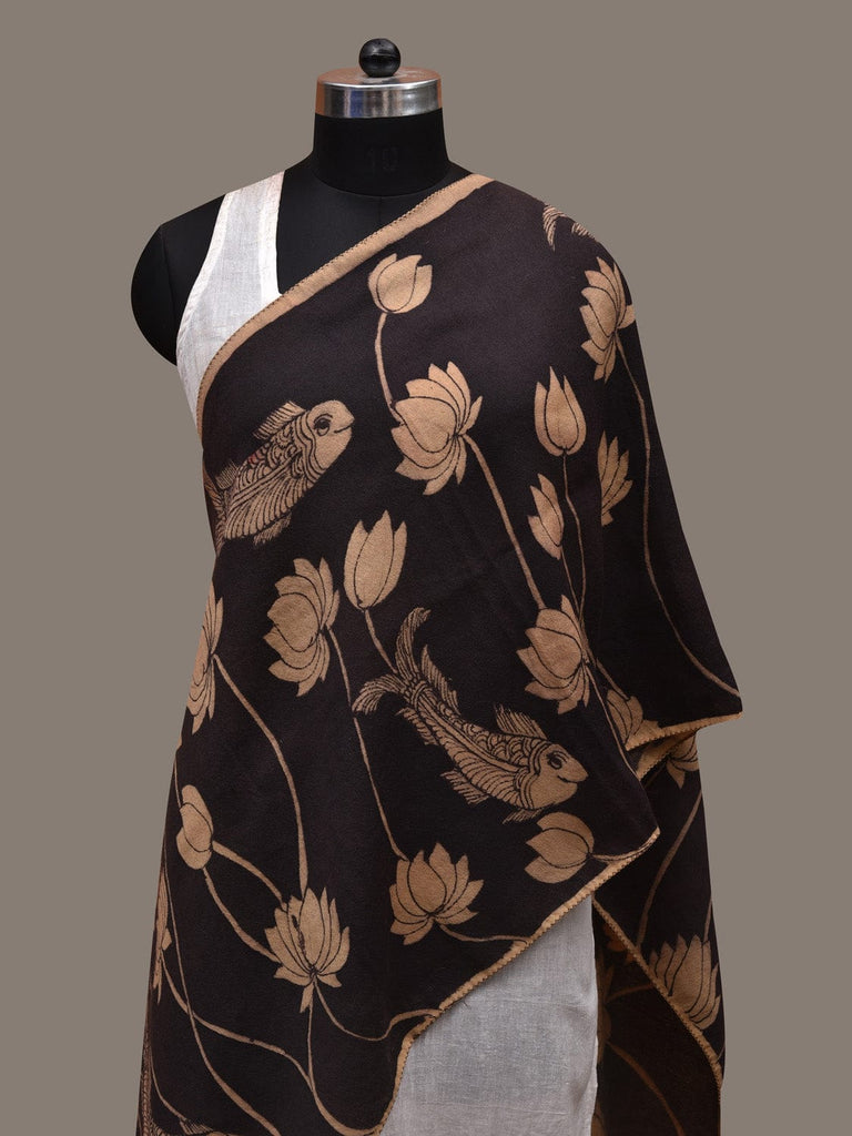Black Kalamkari Hand Painted Woolen Handloom Stole with Lotus and Fish Design ds2780