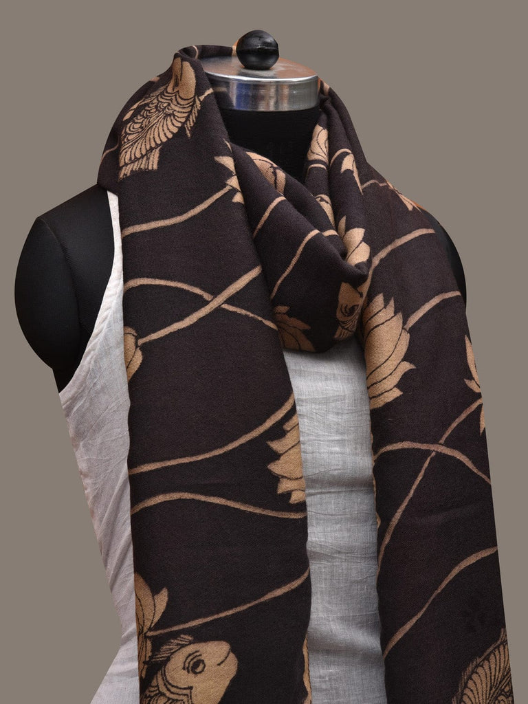 Black Kalamkari Hand Painted Woolen Handloom Stole with Lotus and Fish Design ds2780