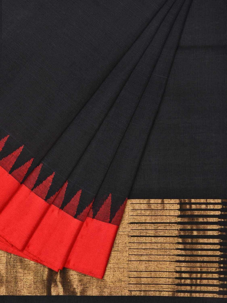 Black Khadi Cotton Handloom Plain Saree with Silk Temple Border Design kh0439